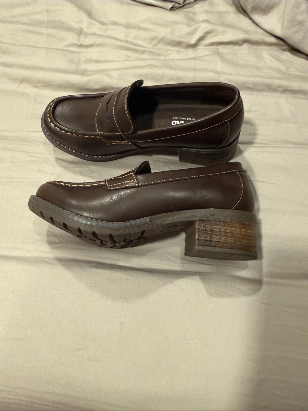 Eastland Brown Leather Penny Loafers with Stacked Heel